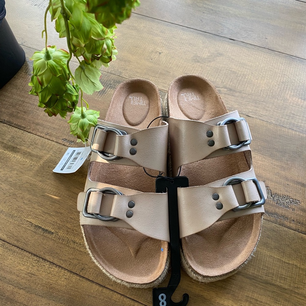 Womens Brown double strap Slide Sandal